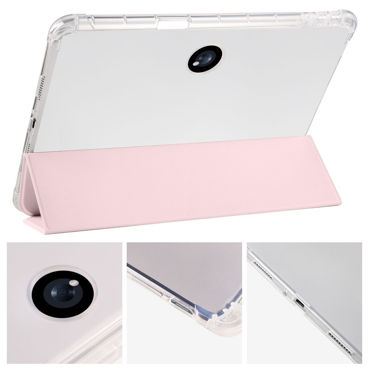Weißes Tablet mit klarer Hülle und rosa Ständer. Nahaufnahmen von Kamera, Kanten.