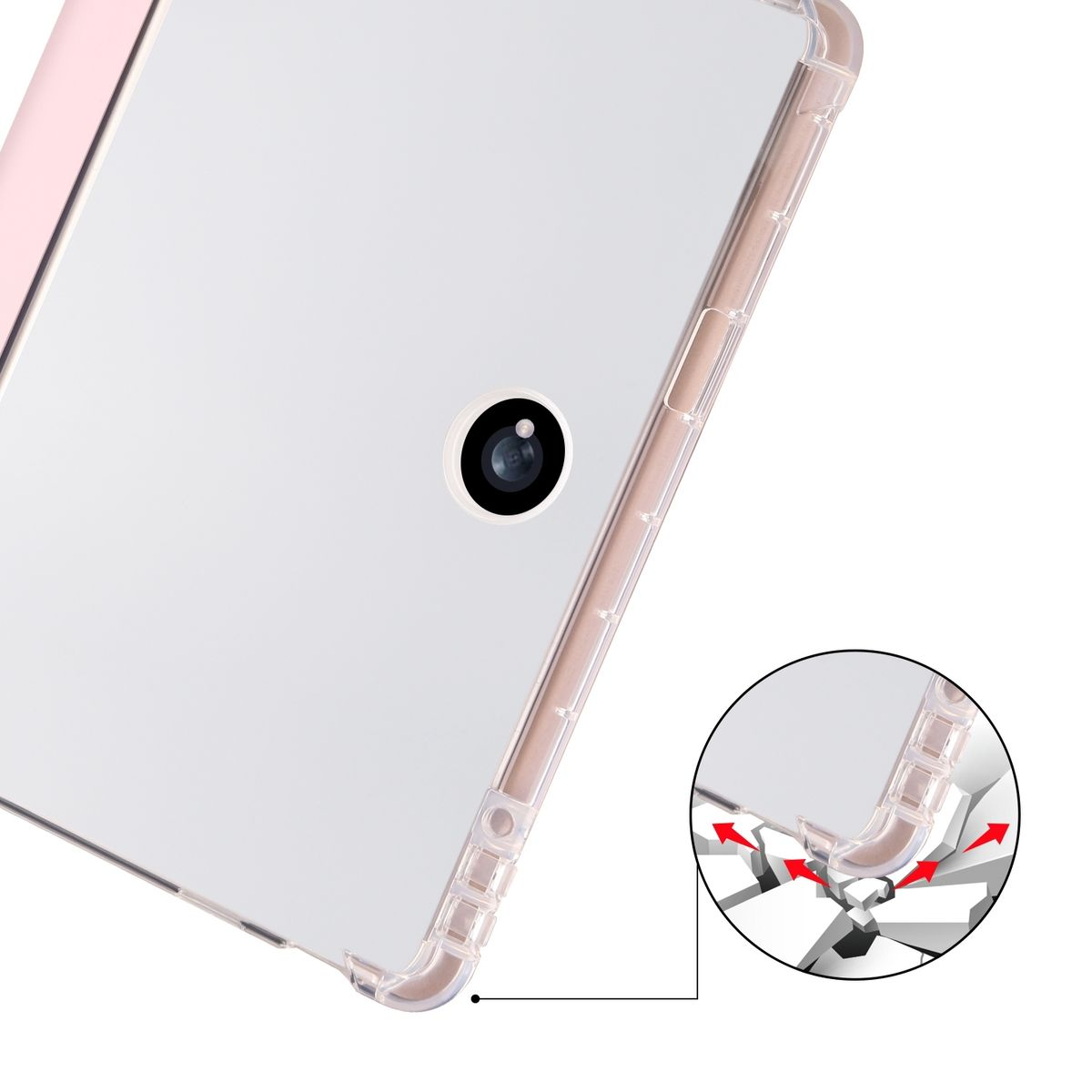 Tablet-Rückseite mit Kamera, Nahaufnahme des Randes mit Schutzhülle und Grafik, die den Aufprall zeigt.