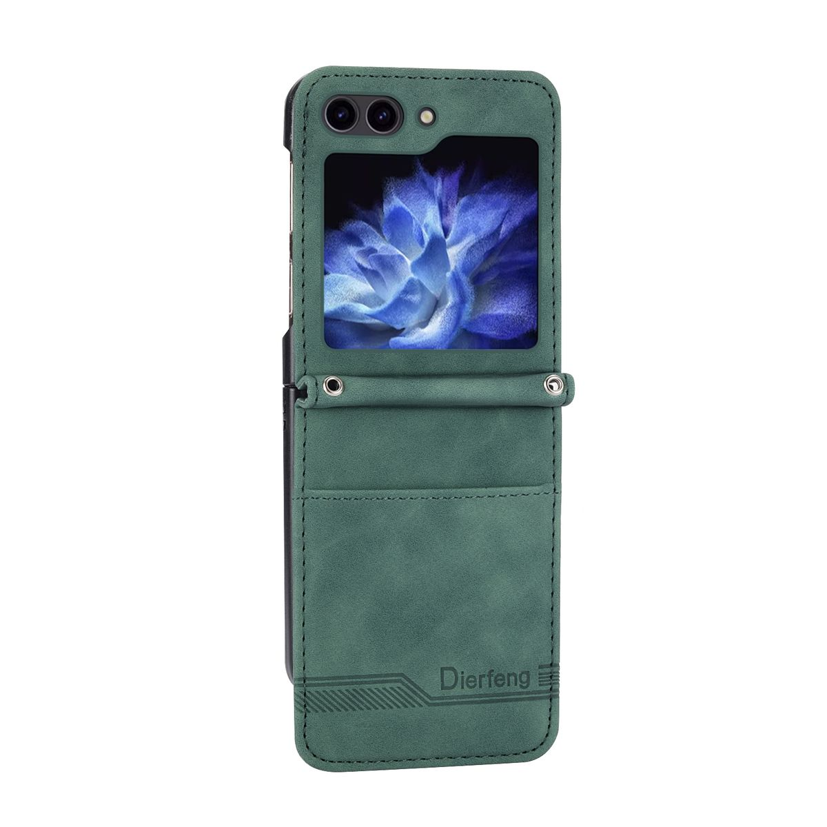 Grüne Handyhülle mit Flip-Design, zeigt floralen Telefonbildschirm.