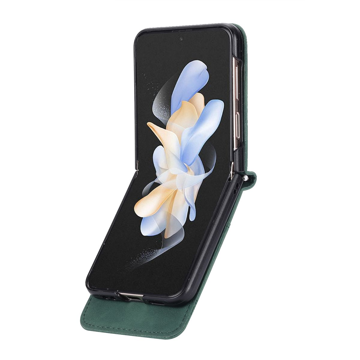 Grüne Handyhülle offen, Telefon mit Bildschirm zeigend.