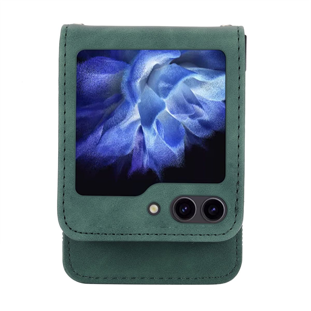 Eine grüne Handyhülle, die ein Klapphandy abdeckt. Das Telefon ist geöffnet und zeigt seinen Bildschirm.