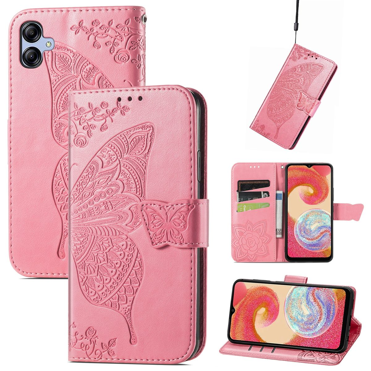 Rosa Leder-Handyhülle mit Schmetterlingsdesign. Enthält eine Brieftasche mit Kartenfächern und einem Telefondisplay.