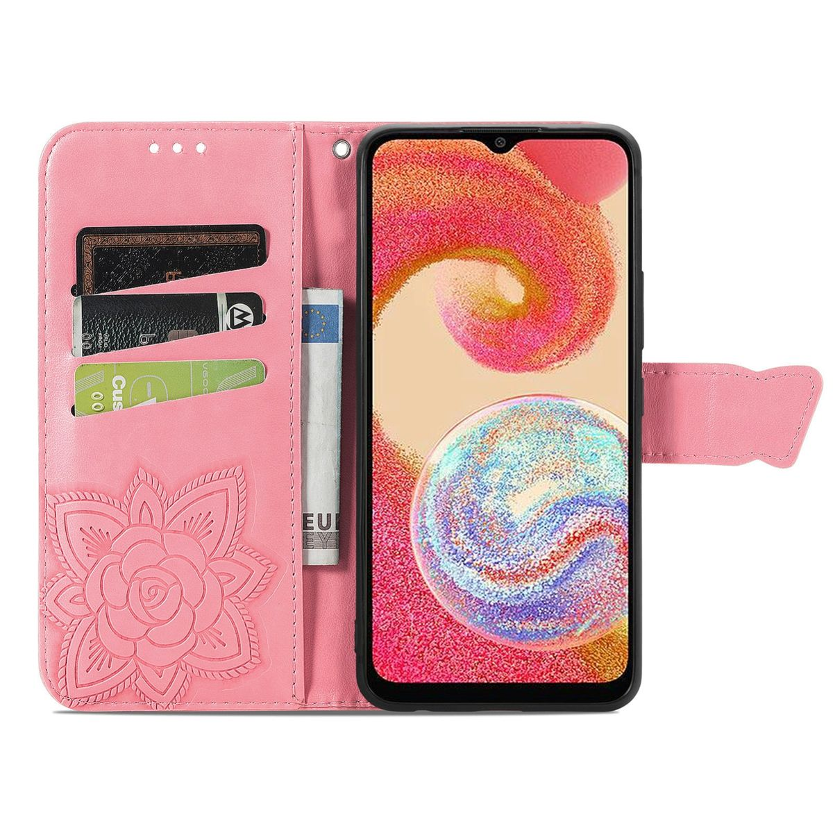 Rosa Handyhülle mit Telefon. Sie hat Kartenfächer und ein Blumendesign. Der Bildschirm ist sichtbar.