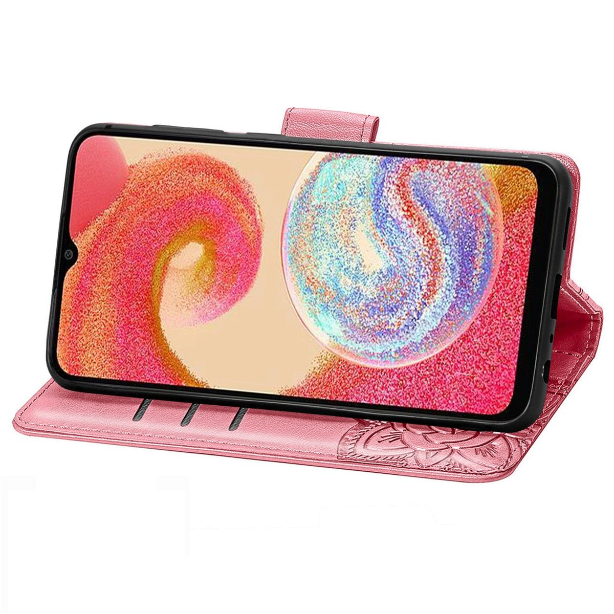 Rosa Handyhülle mit Telefon im Inneren. Das Telefon zeigt ein farbenfrohes abstraktes Design. Brauner Hintergrund.