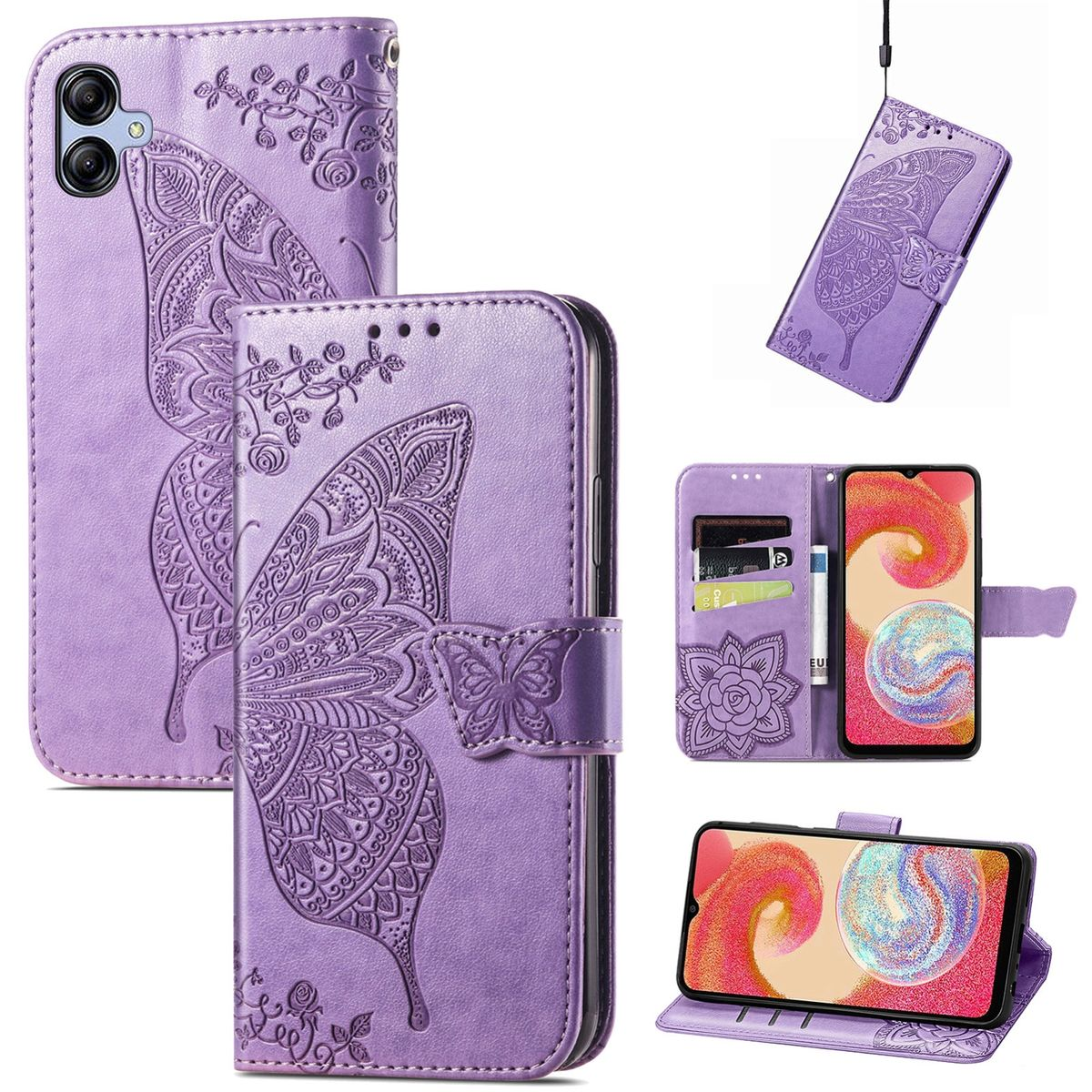 Lila Handyhülle mit Schmetterlingsdesign. Das Telefon ist geöffnet und zeigt den Bildschirm und Kartenfächer. Mehrere Winkel gezeigt.