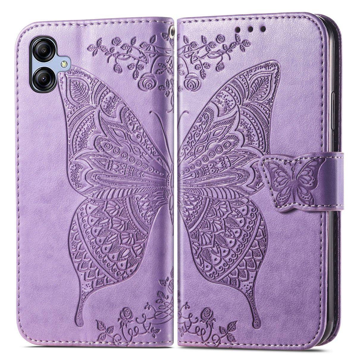 Eine lila Leder-Handyhülle mit Schmetterlingsdesign. Die Hülle ist offen und zeigt das Handy und das Innere.