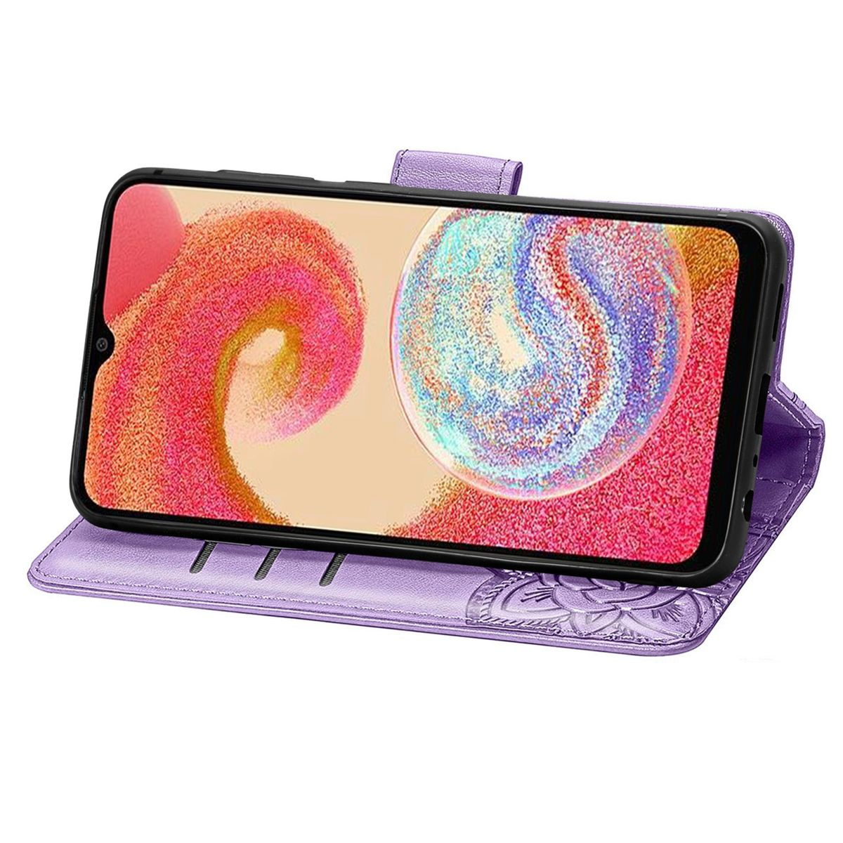 Lila Handyhülle mit floralem Design. Der Bildschirm zeigt ein abstraktes Bild.