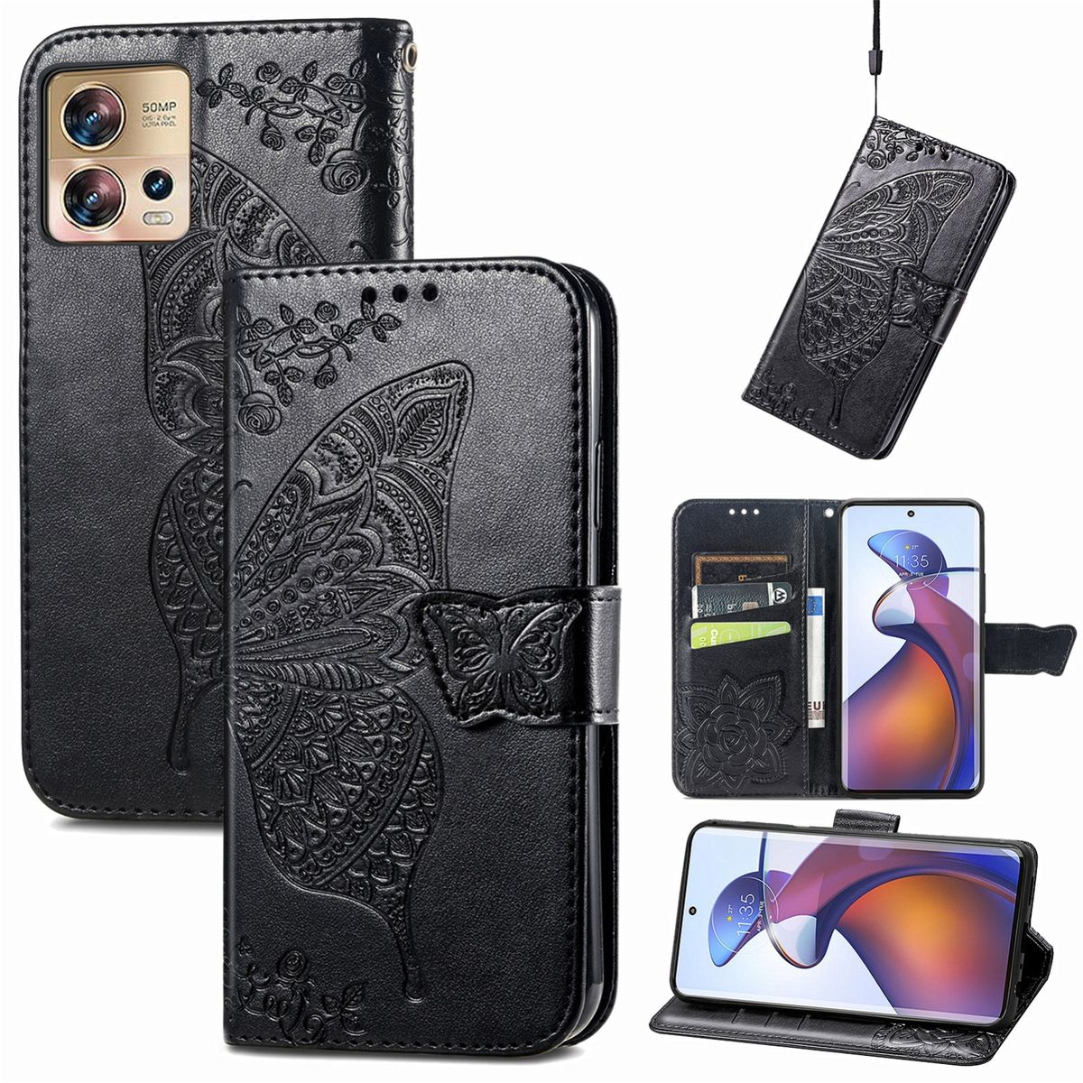 Schwarze Handyhülle mit Schmetterlingsdesign. Die Handyhülle ist in mehreren Ansichten. Geöffnete Hülle zeigt das Telefoninnere.