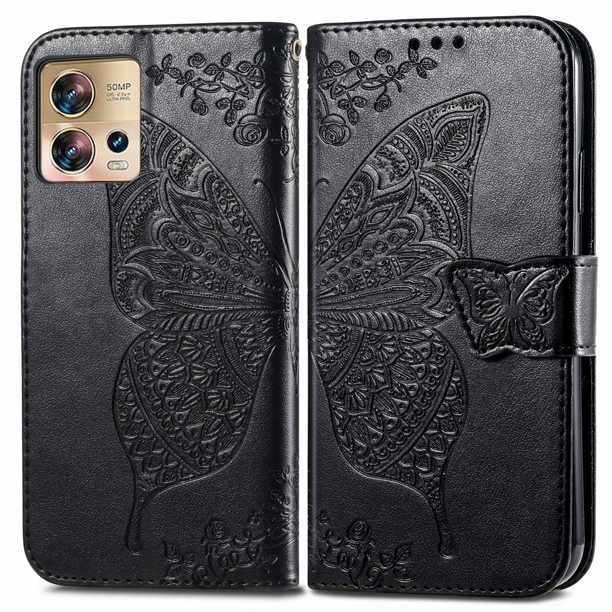 Schwarze Handyhülle mit Schmetterlingsdesign, offen. Detailliertes Schmetterlingsdesign auf dem Telefon.