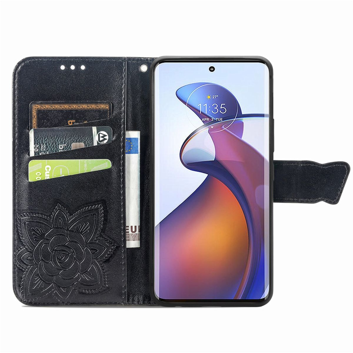 Eine offene, schwarze Handyhülle, die Karten, Geld und ein Telefon zeigt. Auf der Hülle ist ein Blumendesign.