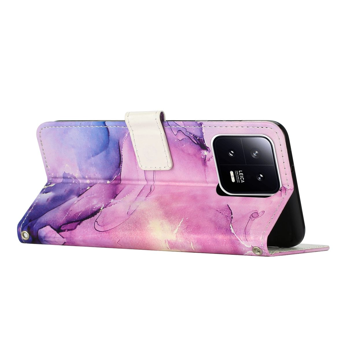 Handyhülle mit abstraktem, farbenfrohem Design, offen mit Telefon. Die Hülle hat einen Magnetverschluss.