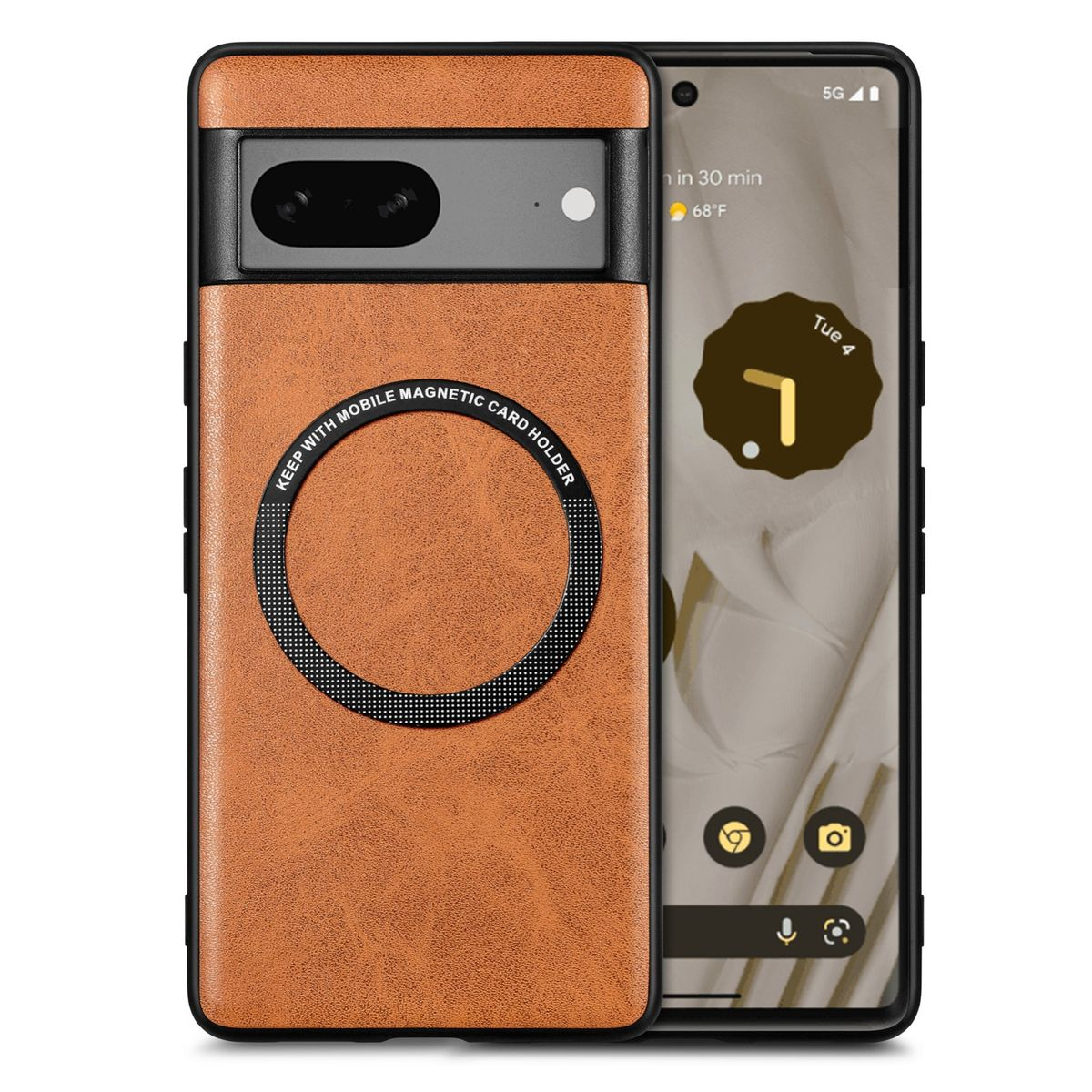 Eine braune Handyhülle auf einem Telefon. Die Hülle hat einen magnetischen Kartenhalter. Das Telefon ist sichtbar.