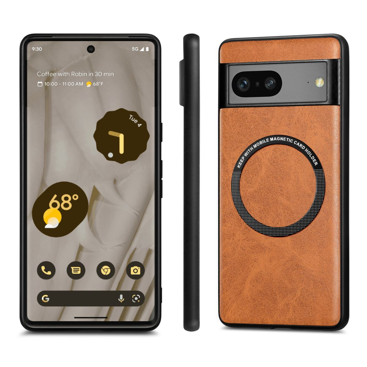 Smartphone mit Lederhülle. Zeigt den Bildschirm des Telefons, eine Uhr und das Wetter. Die Hülle hat einen Kartenhalter.