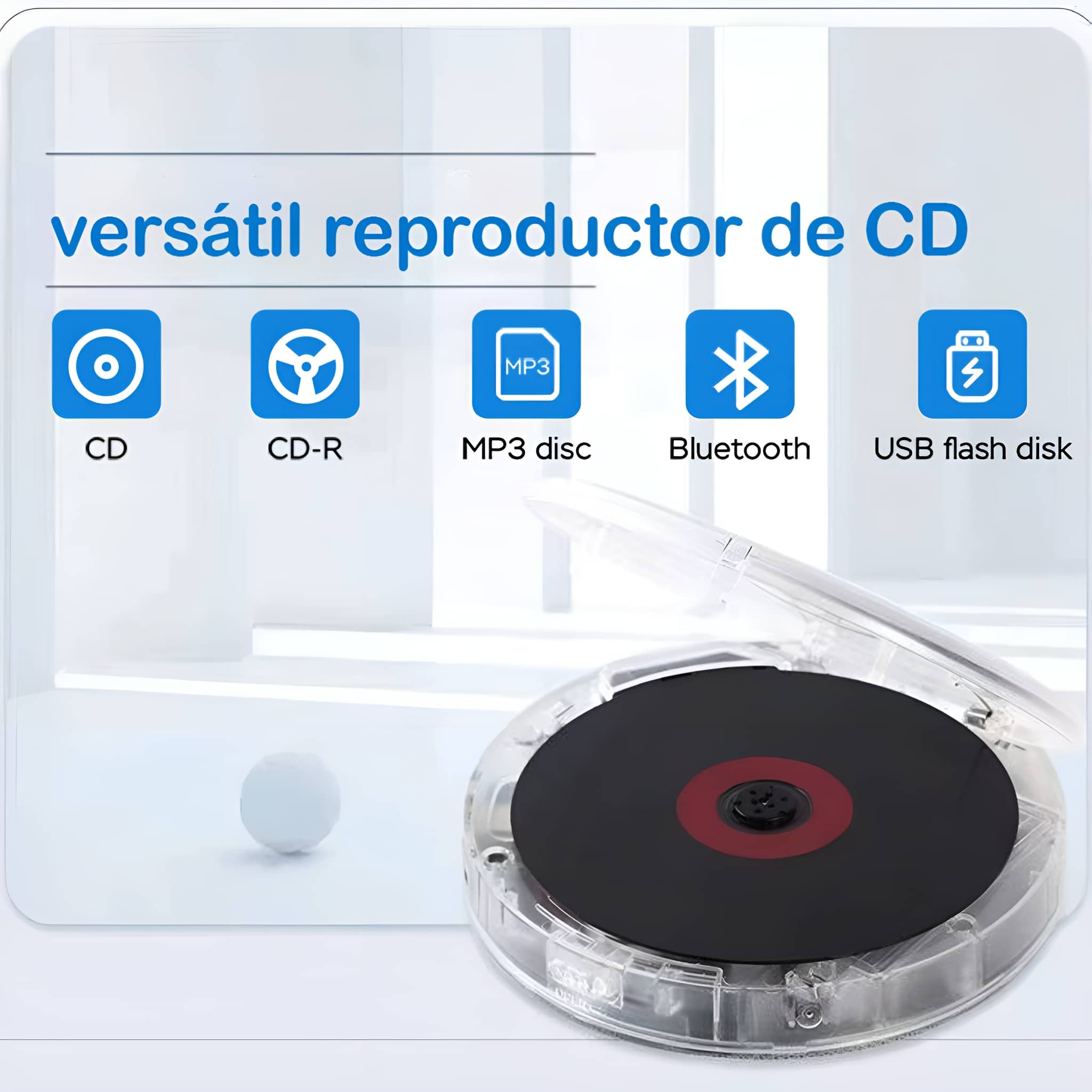 Ein CD-Player mit Symbolen für CD, CD-R, MP3, Bluetooth und USB-Flash-Disk.