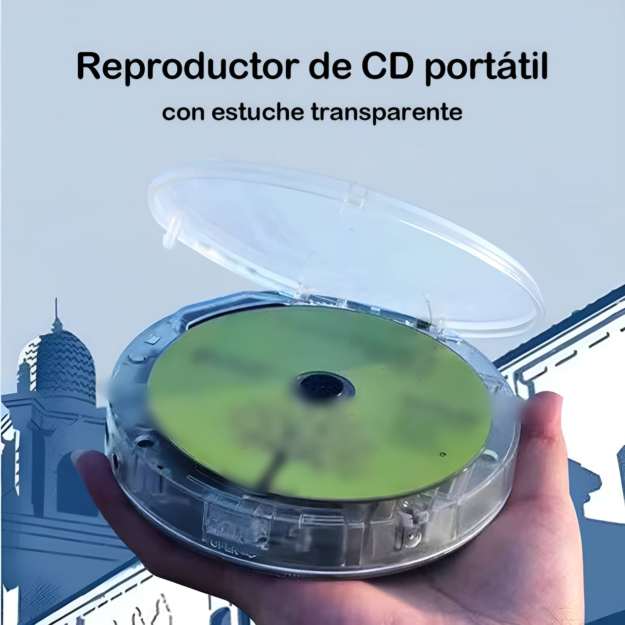 Hand hält tragbaren CD-Player mit offenem Deckel und grüner CD. Transparentes Gehäuse.