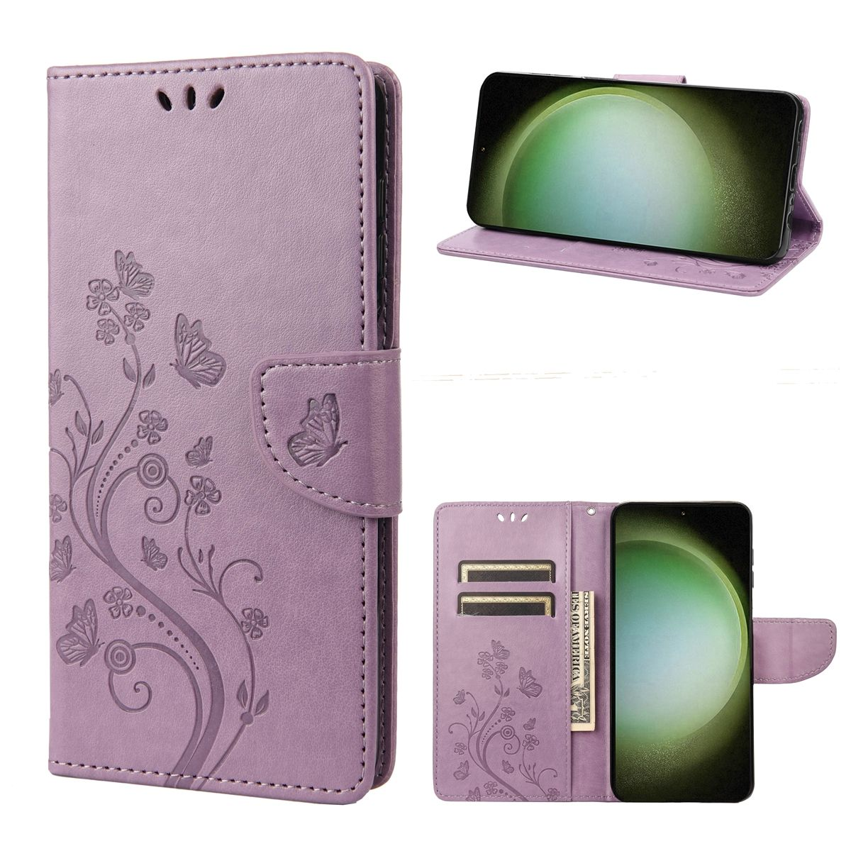 Lila Handyhülle mit floralem Design und Schmetterlingen. Die Hülle ist geöffnet und zeigt ein Telefon.