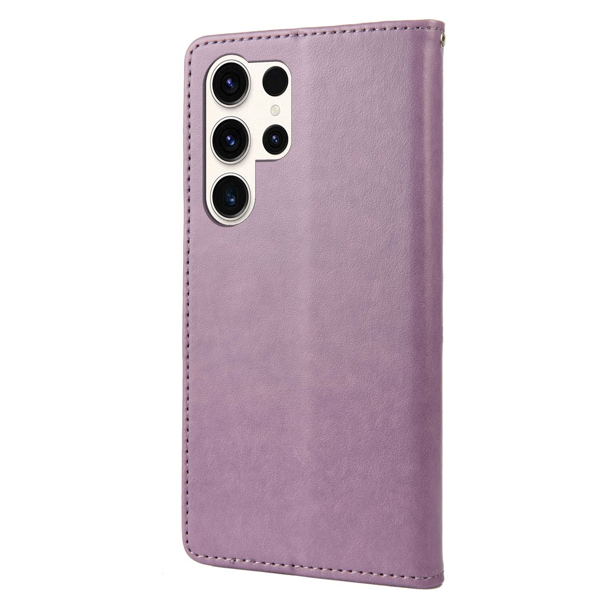 Lila Leder-Handyhülle mit einem Telefon darin. Das Telefon ist geöffnet und zeigt ein Display. Weißer Hintergrund.