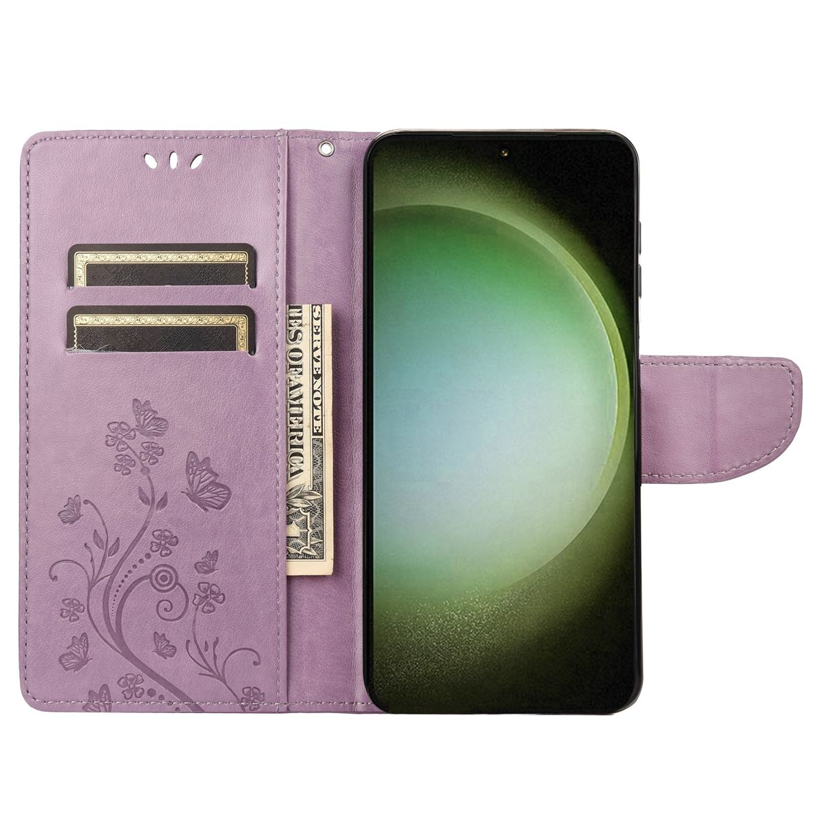 Lila Handyhülle mit floralem Design. Offen, zeigt Telefon und zwei Kartenfächer mit Geld.