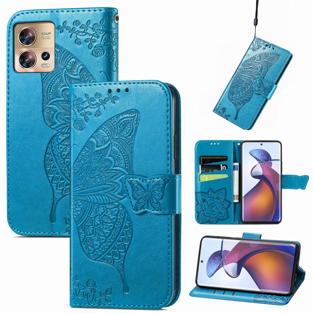 Verschiedene blaue Leder-Handyhüllen mit Schmetterlingsmotiven. Einige sind geöffnet mit Karten und Telefon darin.