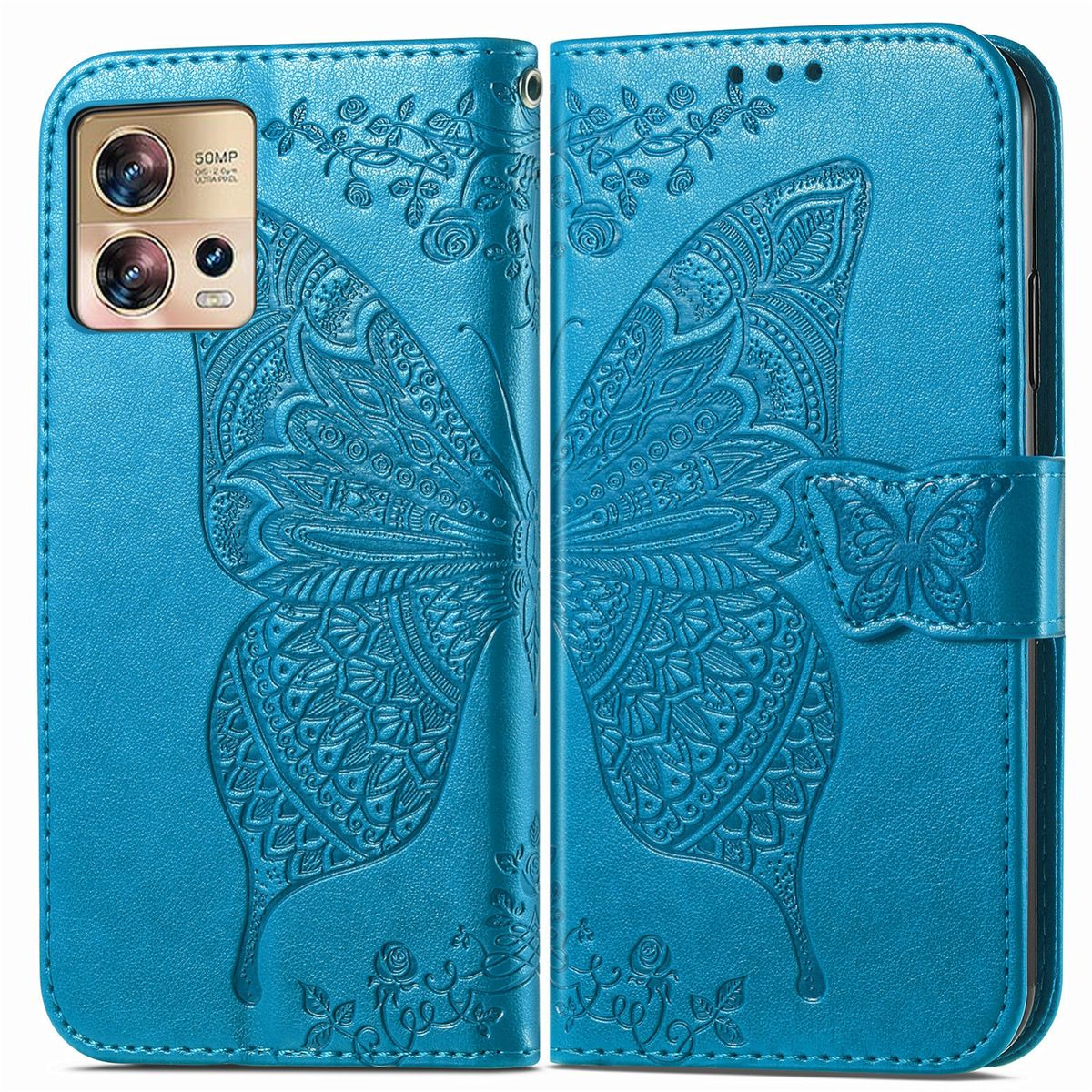 Blaue Handyhülle, Schmetterlingsdesign. Telefon links, Hülle rechts offen.
