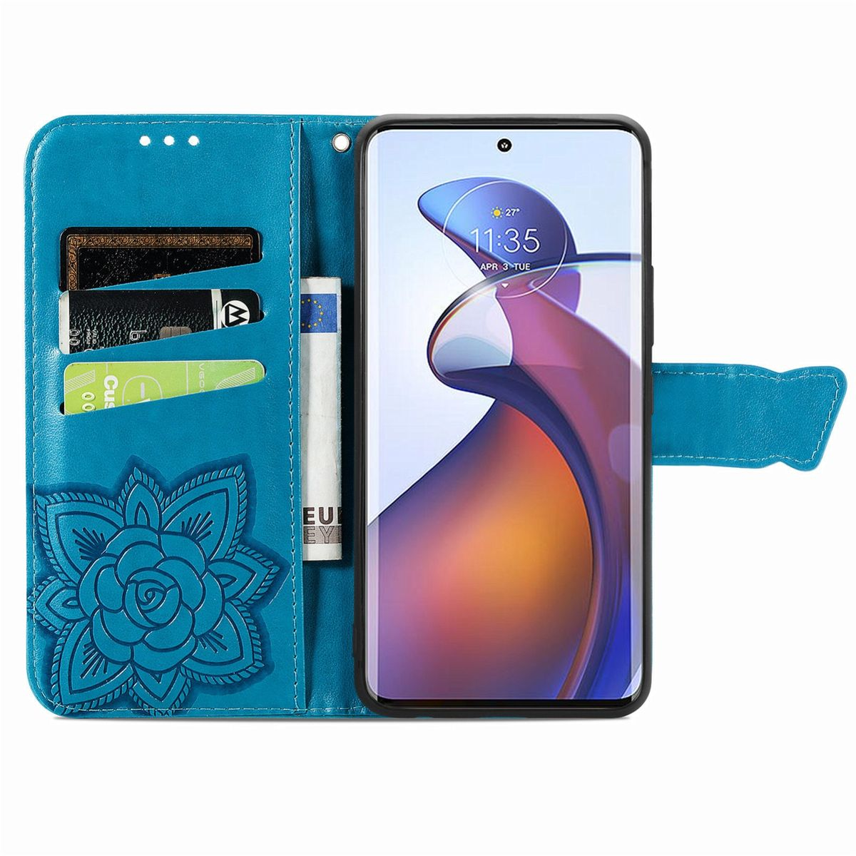 Blaue Telefonbrieftasche mit floralem Design. Sie ist geöffnet und zeigt Karten, Bargeld und den Telefonbildschirm.