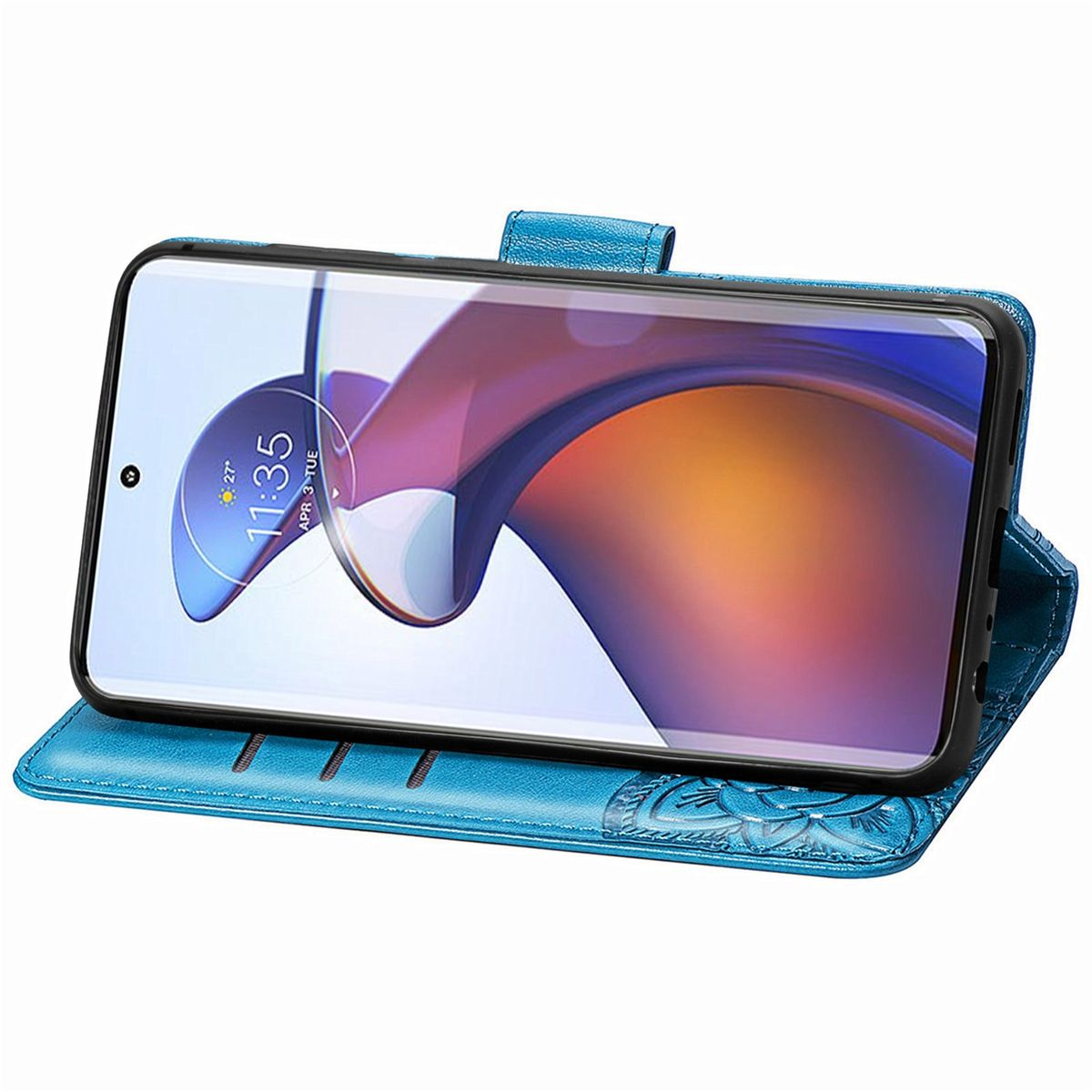Blaue Handyhülle, offen, mit Telefon, das den Bildschirm zeigt. Auf einer weißen Oberfläche.