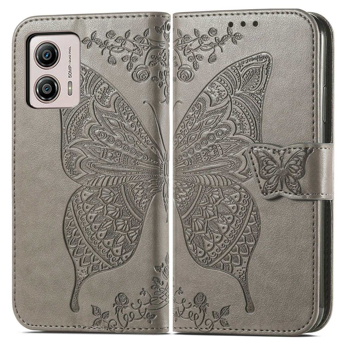 Graue Handyhülle mit Schmetterlingsdesign und Telefon darin.
