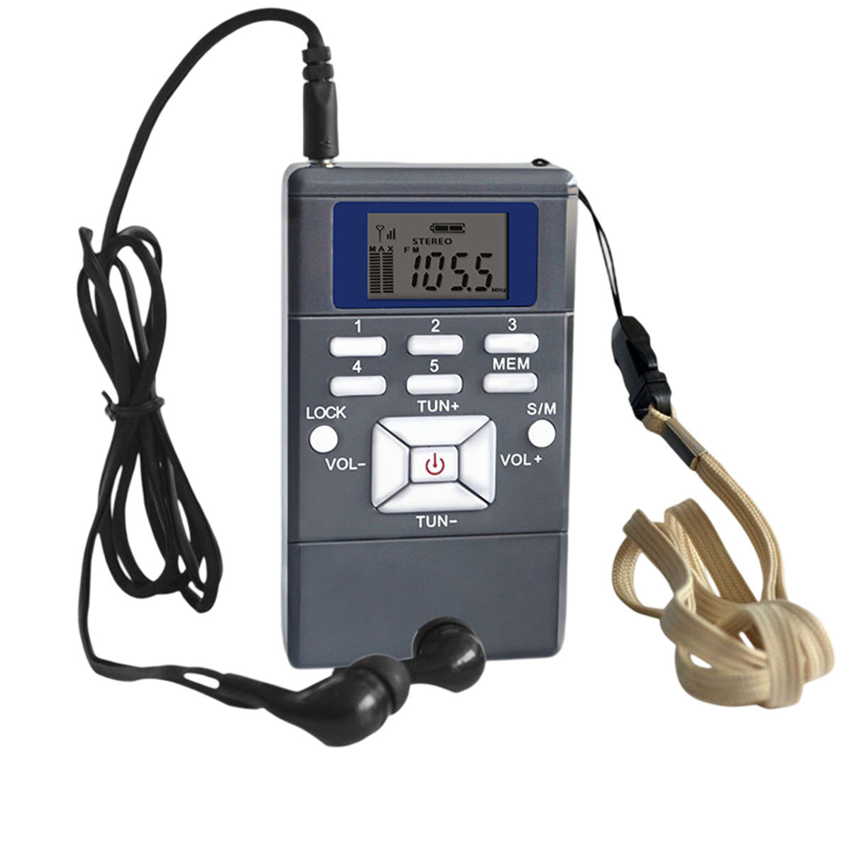 Ein graues tragbares Radio mit Kopfhörern. Das Display zeigt die Frequenz an. Die Kopfhörer sind schwarz.