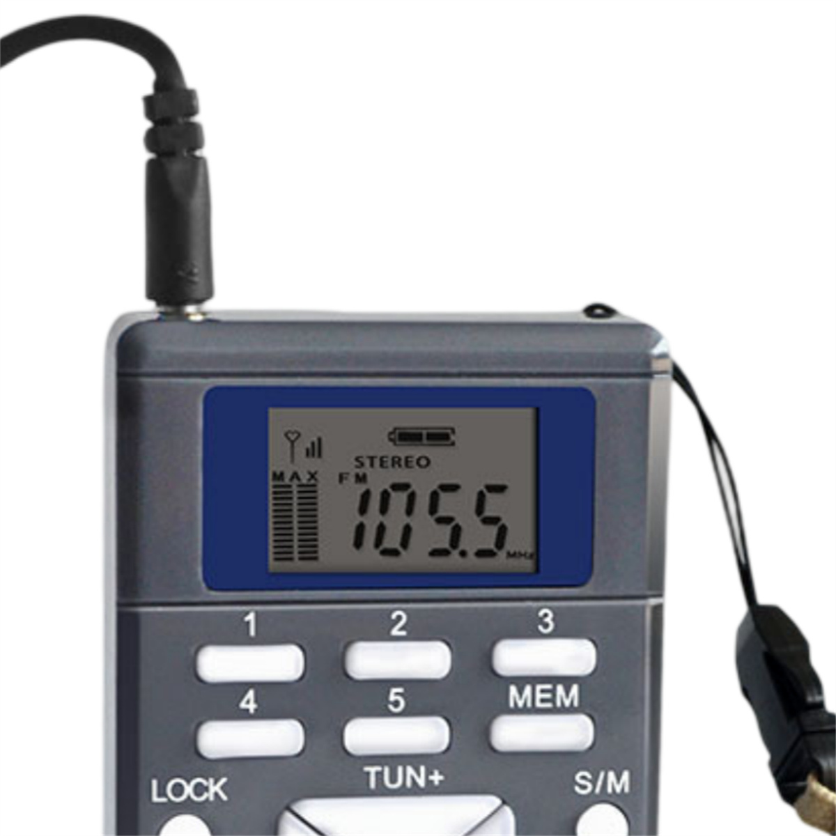 Ein graues tragbares Radio mit digitaler Anzeige '105.5' FM.