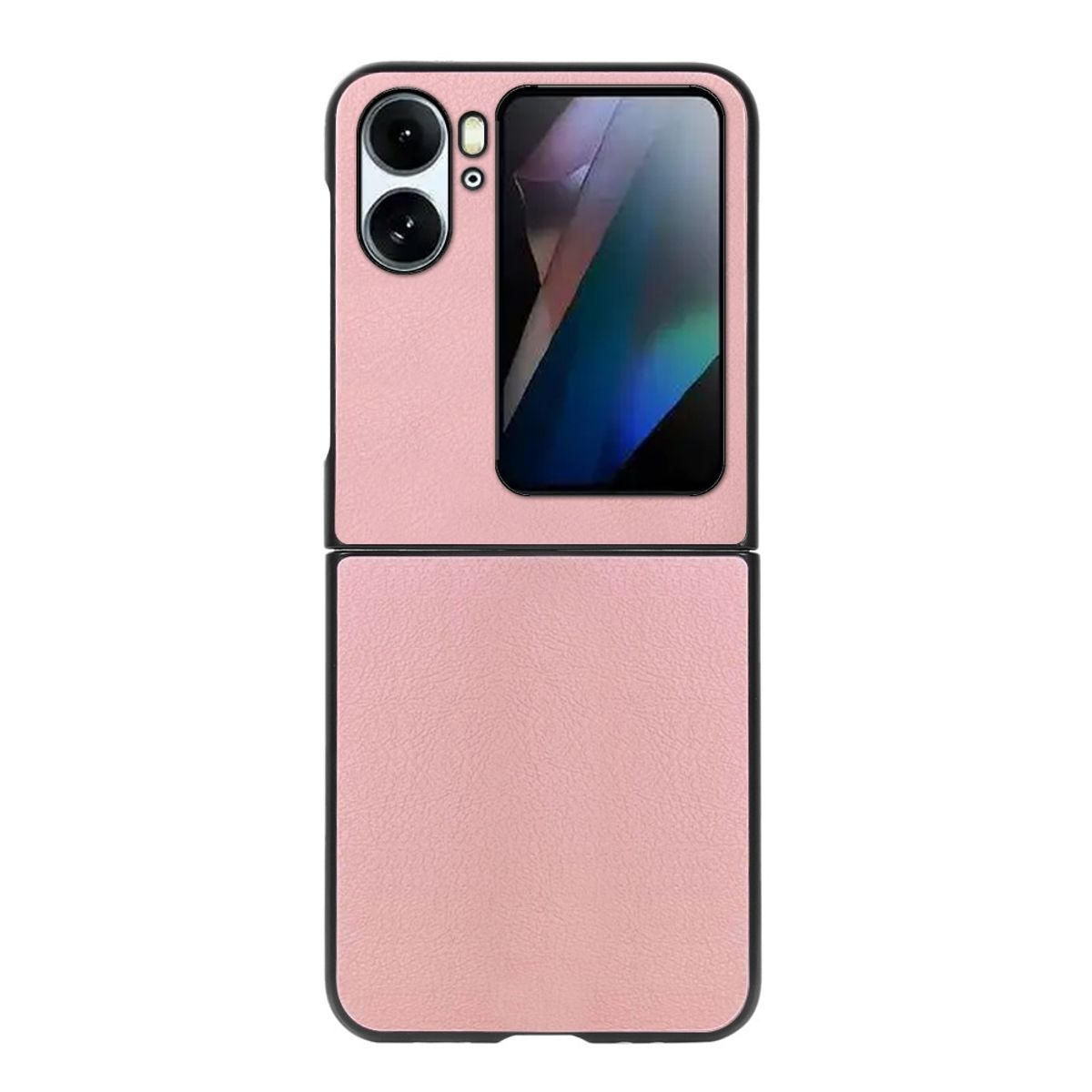 Eine pinkfarbene, zusammenklappbare Handyhülle, offen und geschlossen, mit sichtbarem Bildschirm. Das Telefon ist pink.