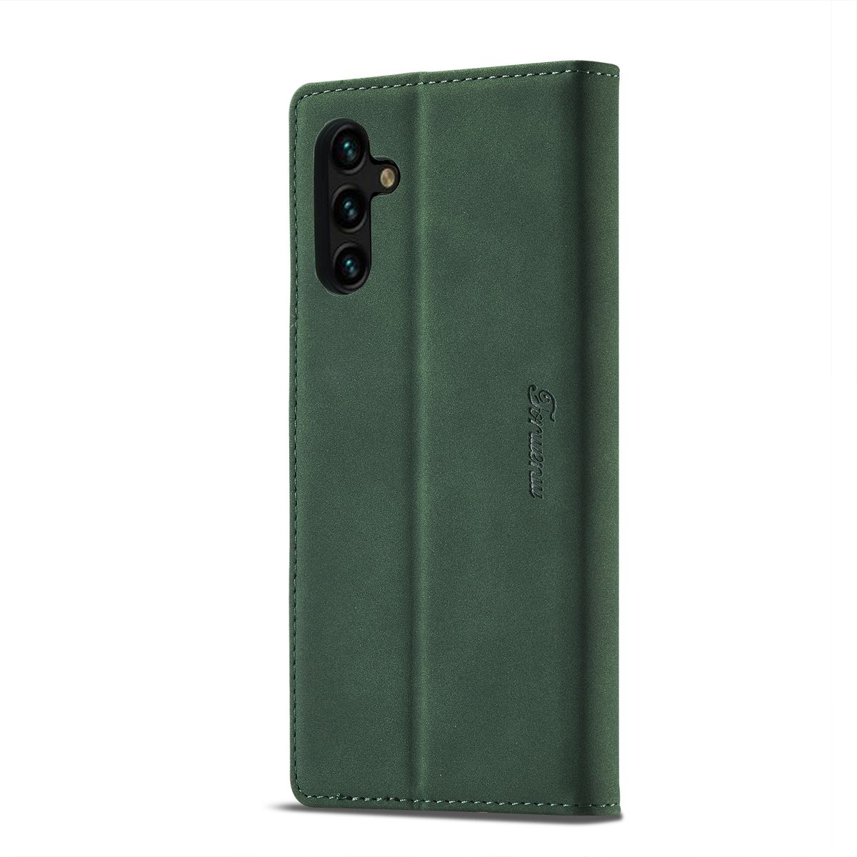 Grüne Handyhülle mit Telefon darin. Das Gehäuse hat ein schlichtes Design.