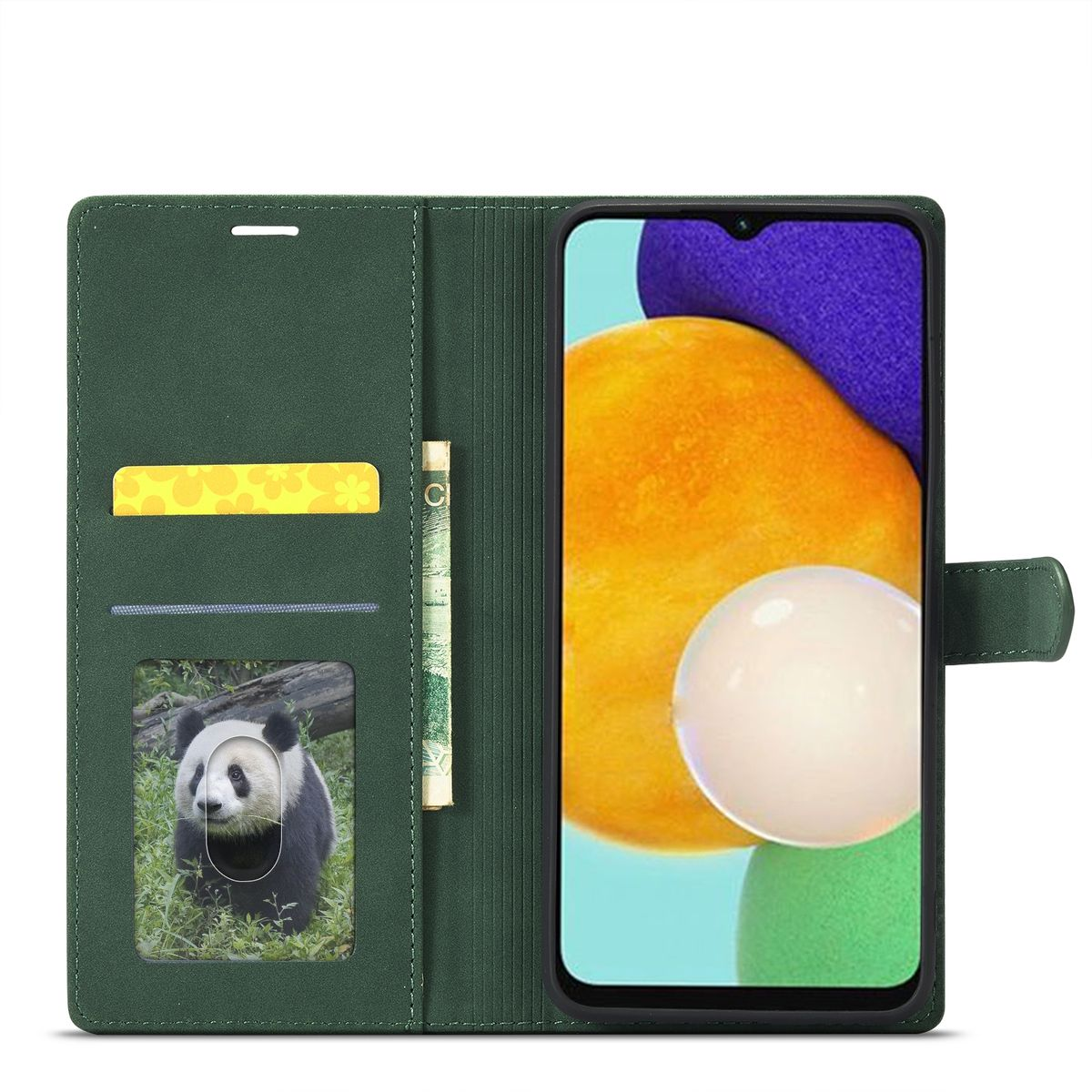 Grüne Handyhülle mit Panda-Bild. Innen mit Kartenfächern und einer Tasche mit Bargeld und Bild.