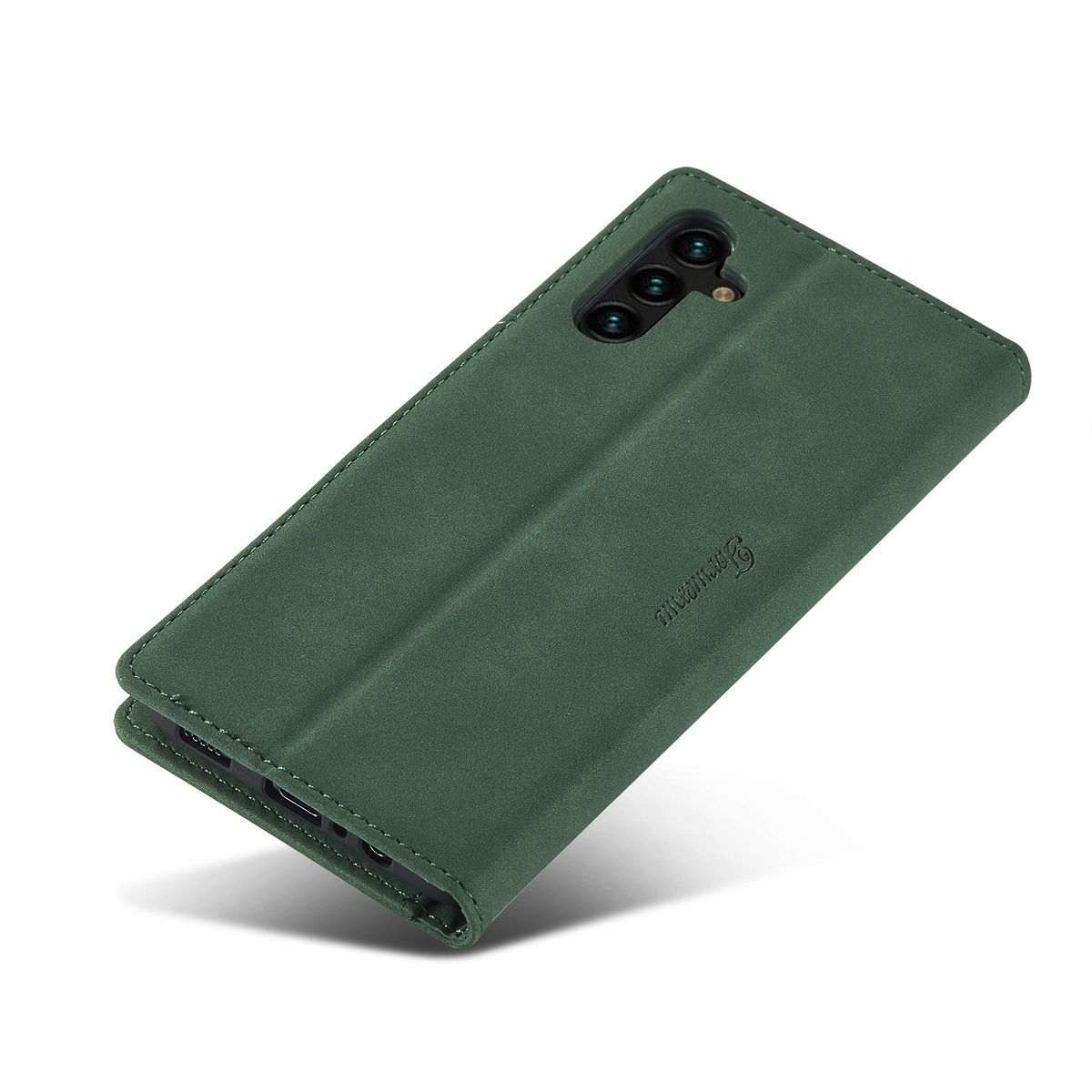 Eine grüne Leder-Handyhülle, links geschlossen, mit einem Telefon darin. Die Hülle hat ein Logo.