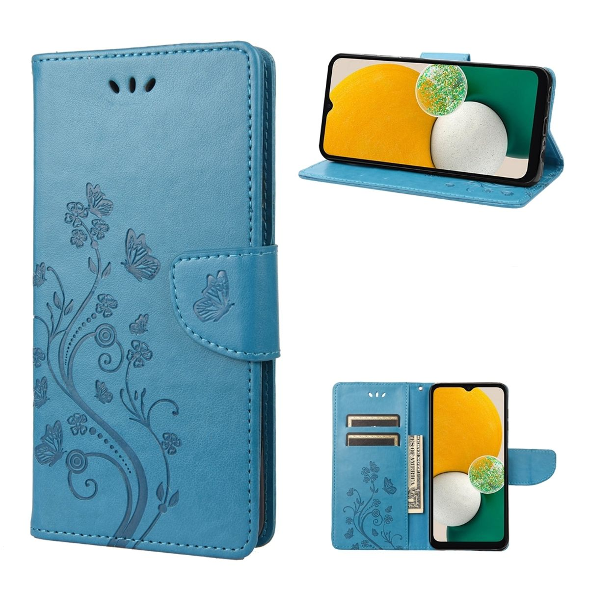 Blaue Handyhülle mit Blumendesign und Schmetterlingen. Enthält Telefon und Kartenfächer. Mehrere Ansichten.