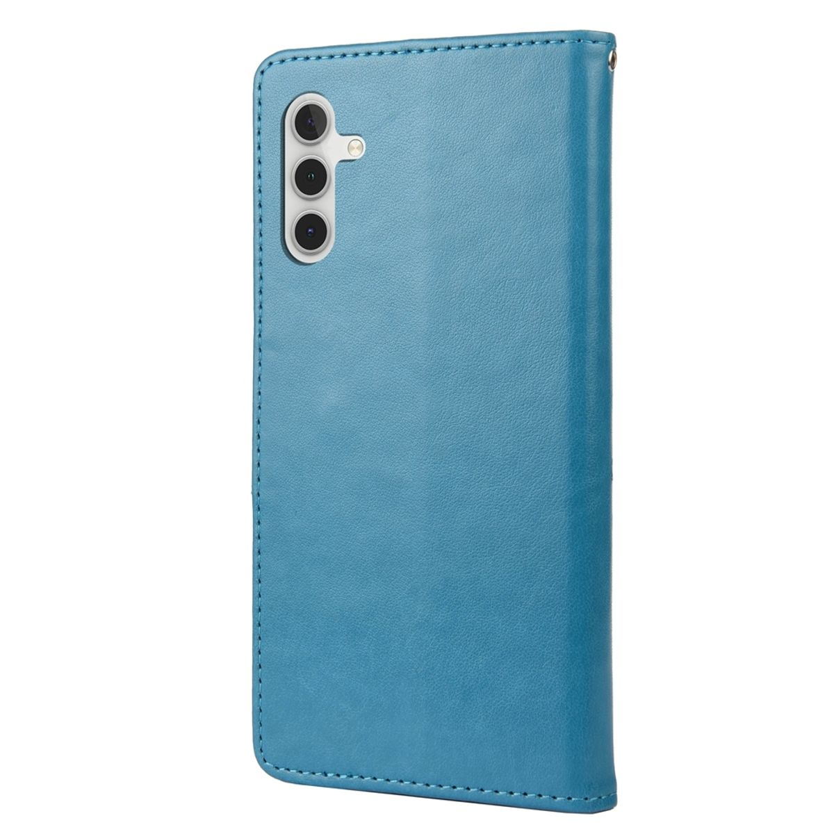 Blaue Handyhülle mit Dreifachkamera.