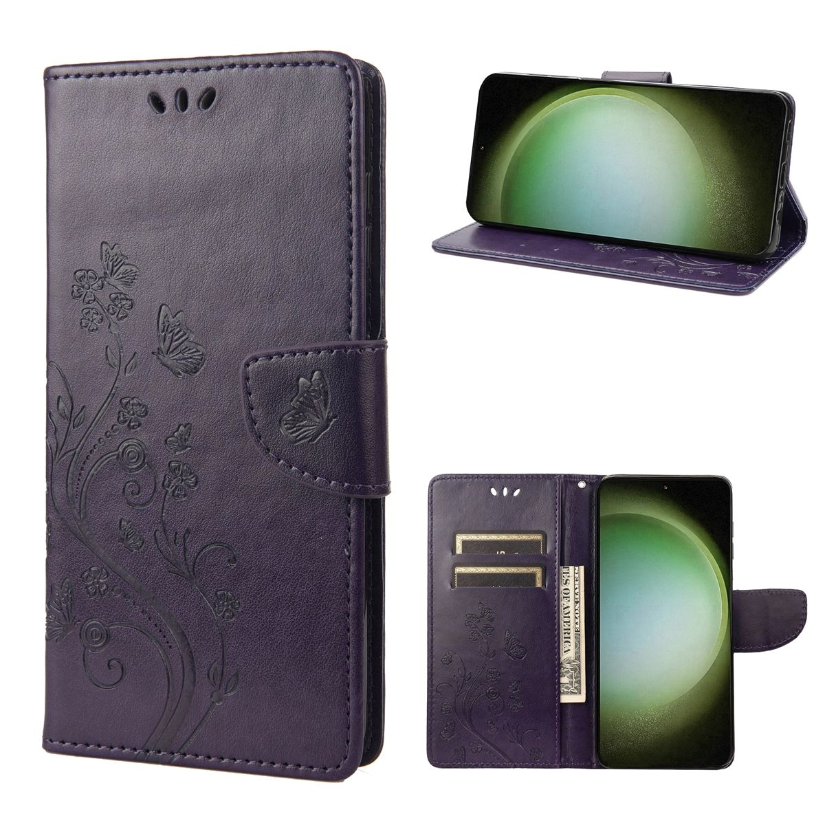 Lila Handyhülle mit floralem Design. Telefon ist innen, in mehreren Ansichten.