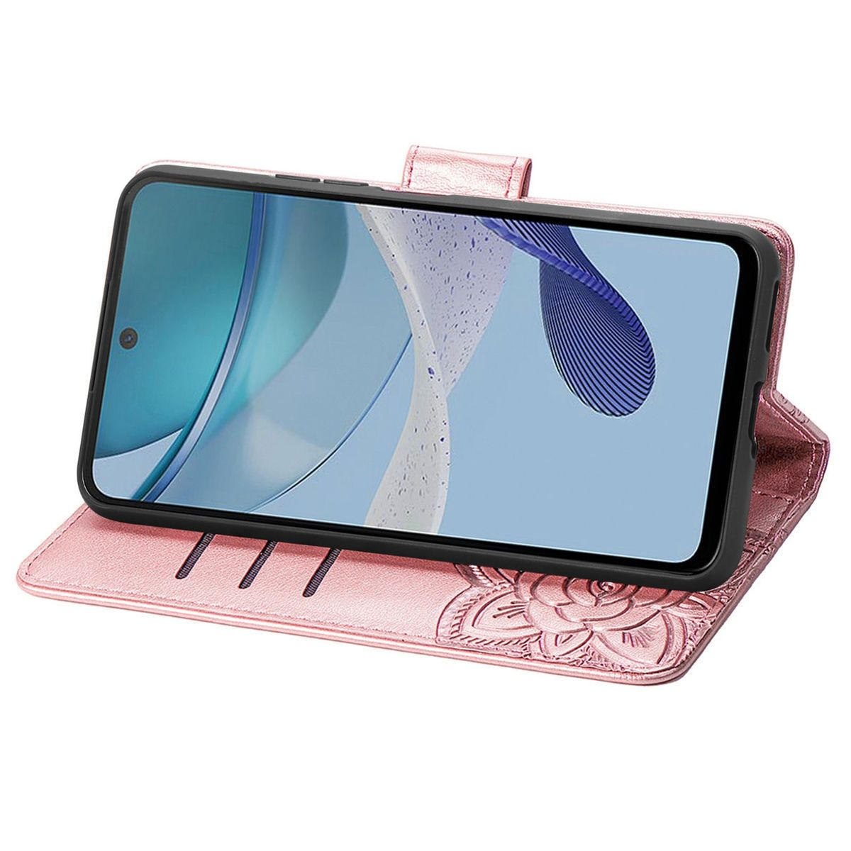 Offene pinkfarbene Handyhülle mit Telefon. Der Bildschirm zeigt ein Bild.
