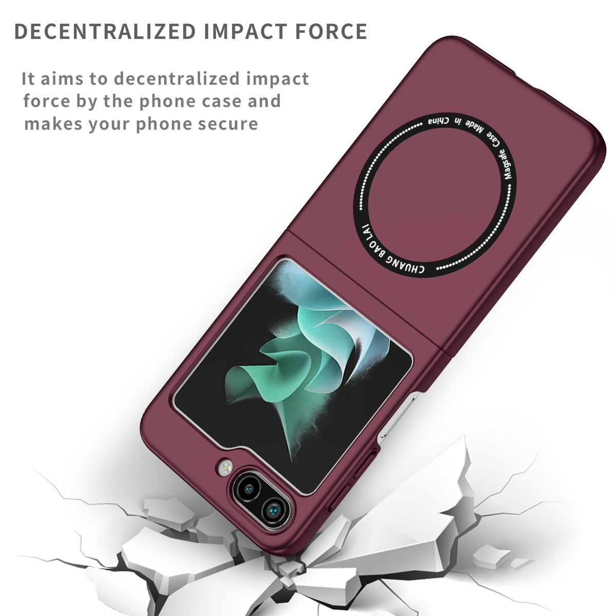 Burgunderfarbene Handyhülle mit einem Telefon darin, auf einer Oberfläche mit Rissen.