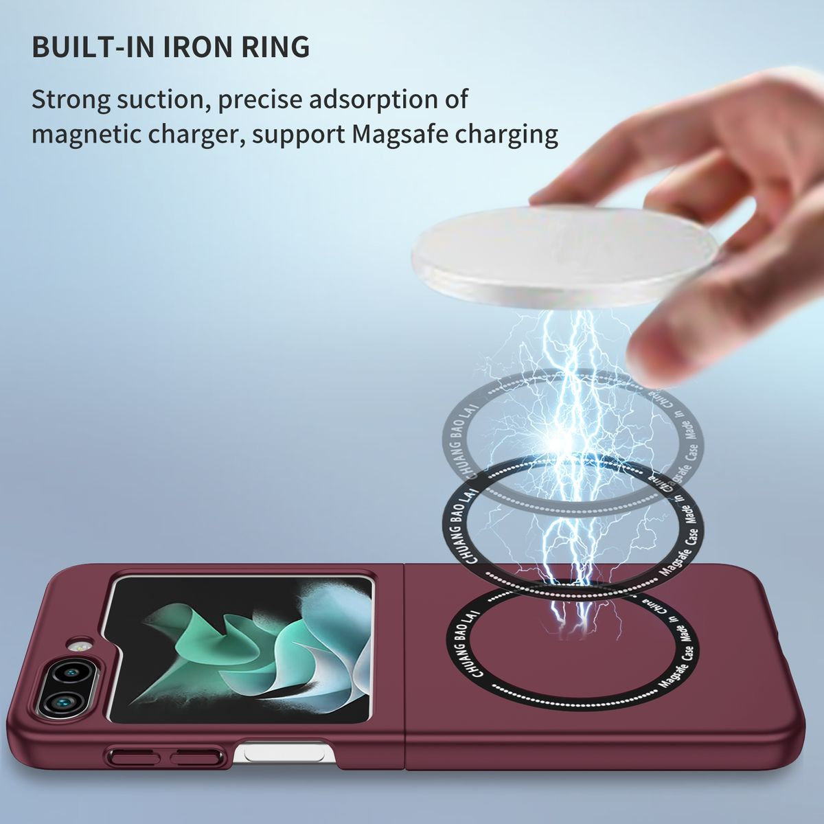 Ein weinrotes Telefon wird geladen. Das Telefon hat Magnetringe. Text sagt 'BUILT-IN IRON RING' und 'Magsafe charging'.
