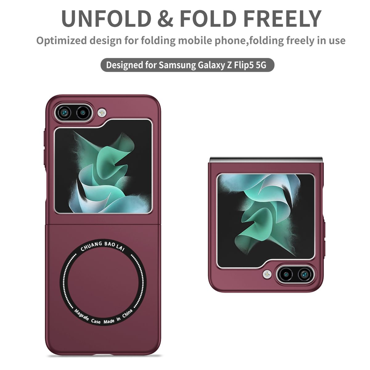 Rote Handyhülle mit Falt-Design. Telefon befindet sich im geöffneten Etui. Weißer Hintergrund.