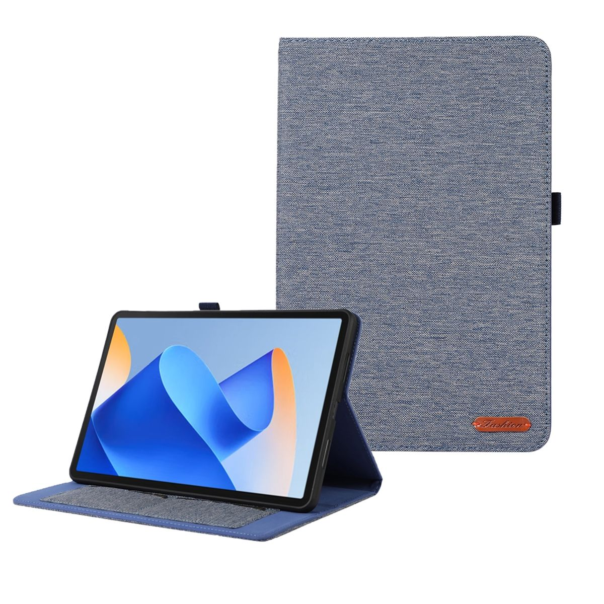 Blaue Tablethülle mit Tablet. Deckel ist offen, von der Rückseite abgestützt. Tablet zeigt blaues und oranges Design.