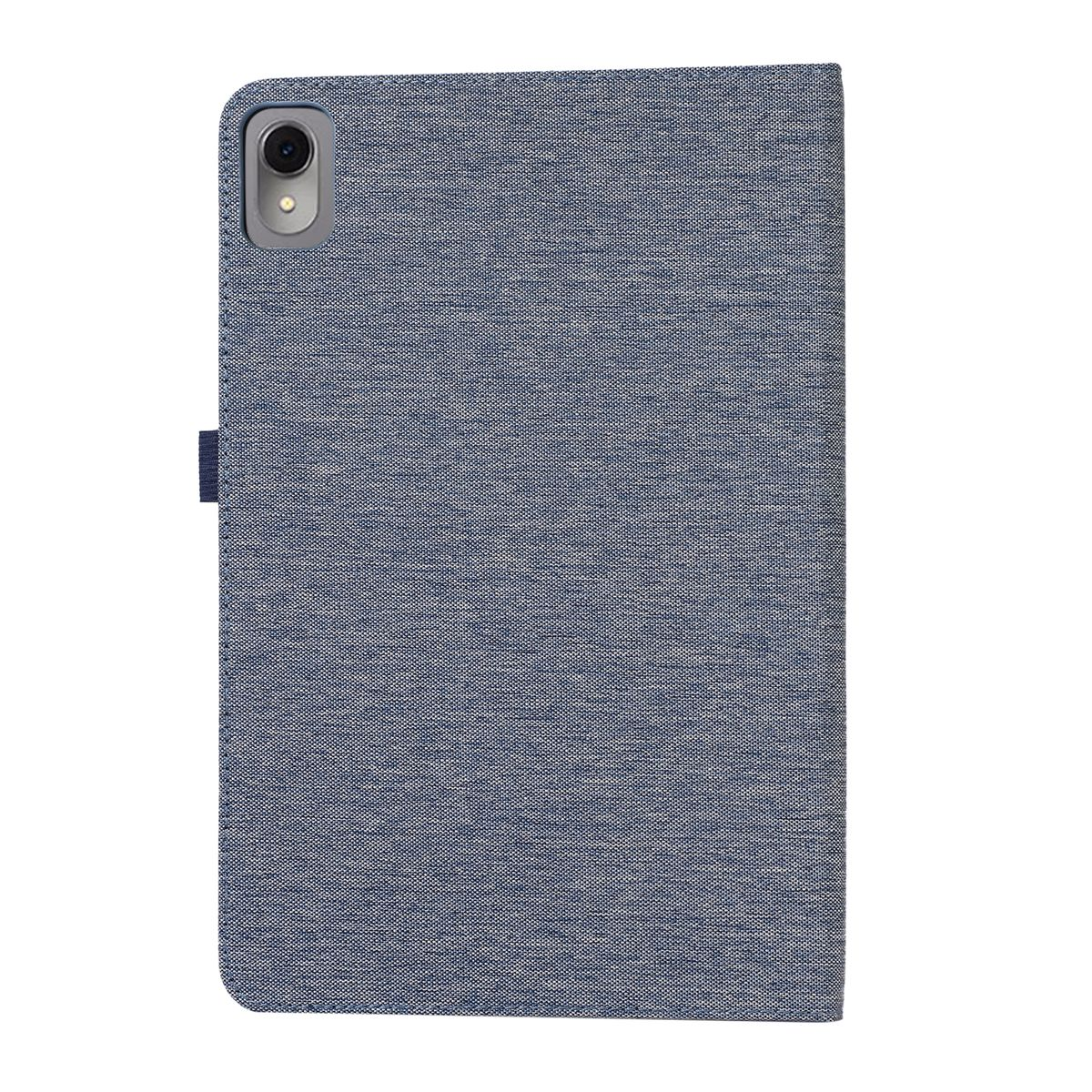 Blaue Tablethülle. Tablet innen, zeigt Bildschirm.