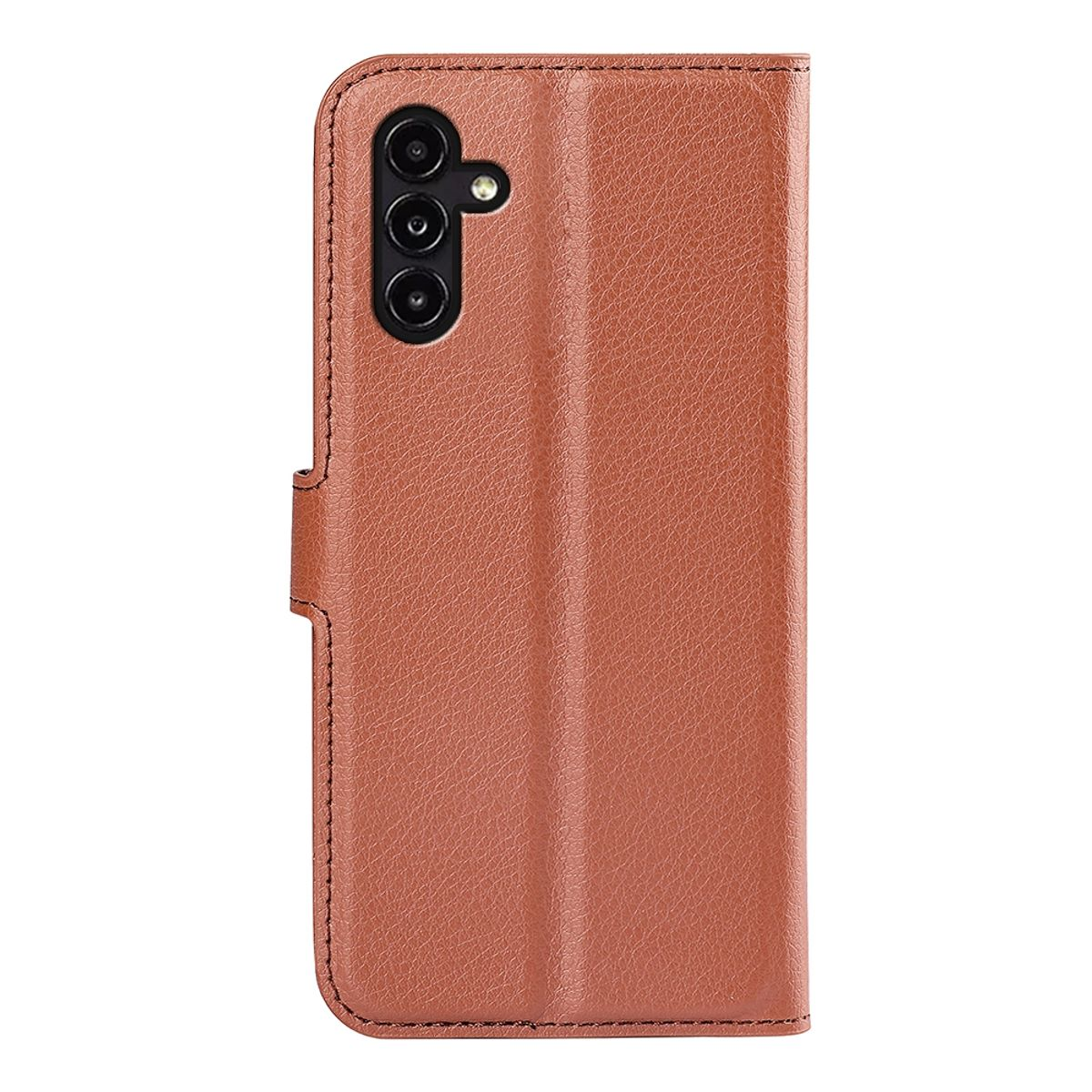Braune Handyhülle und ein Telefon mit drei Kameras.