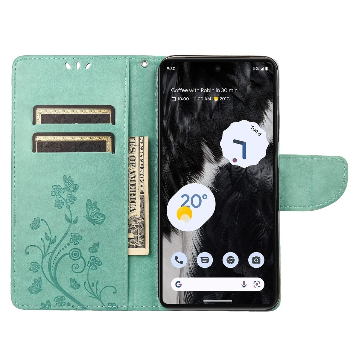 Hellgrüne Handyhülle mit Telefon. Geld und Karten enthalten. Weißer Hintergrund.