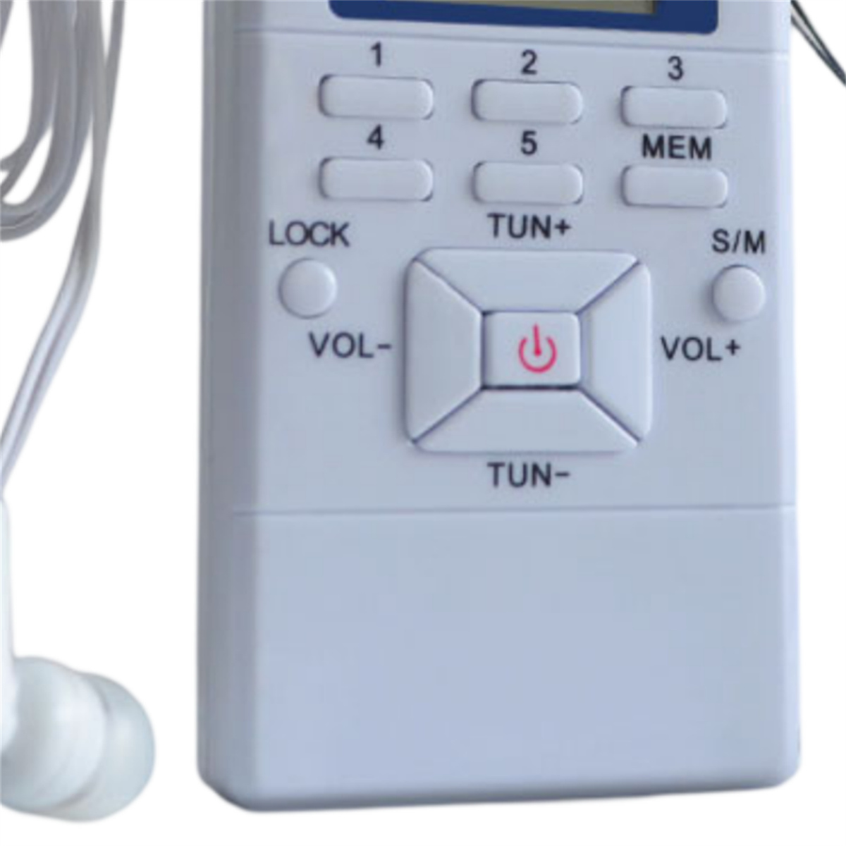 Ein weißes Radio mit Knöpfen, die beschriftet sind: 1, 2, 3, 4, 5, MEM, LOCK, VOL-, S/M, VOL+ und TUN-.
