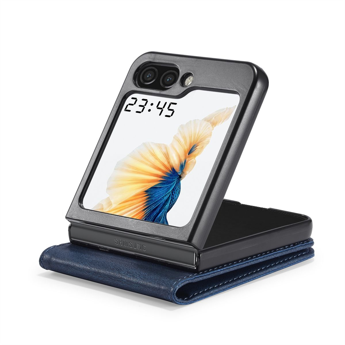 Ein schwarzes, faltbares Telefon, das halb geöffnet ist und ein digitales Display und eine blaue Brieftasche zeigt.