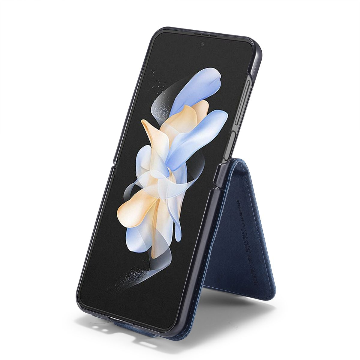 Schwarz-blaue Handyhülle offen. Das Telefon ist sichtbar, und die Hülle lässt sich zu einem Ständer zusammenfalten.