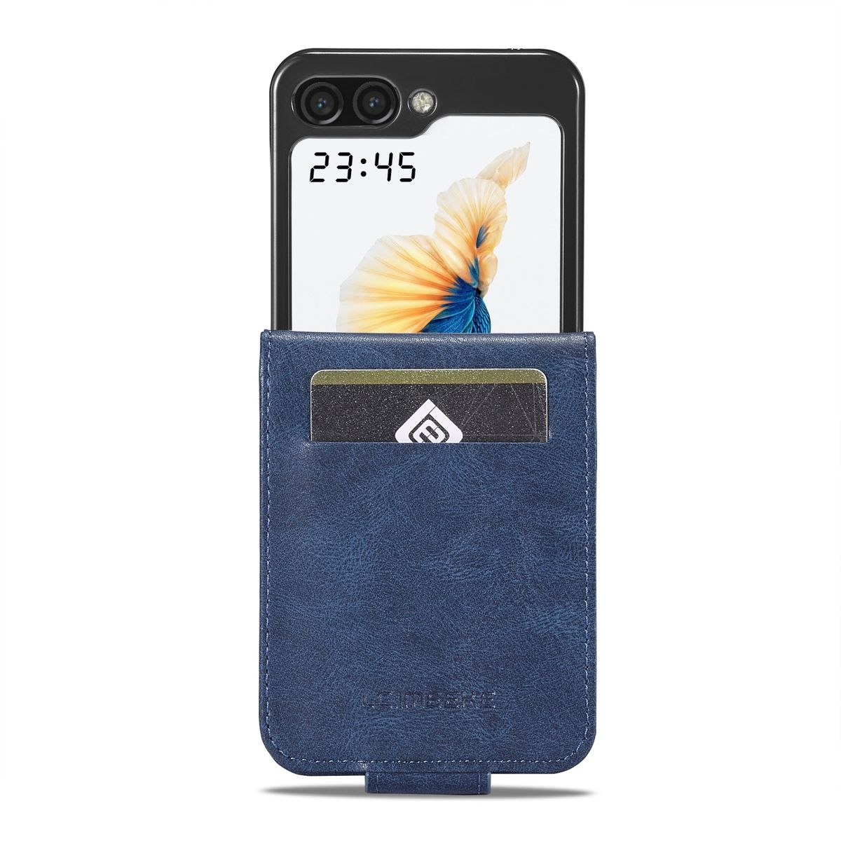 Blaue Handyhülle mit Karte und Telefon, das die Uhrzeit anzeigt.