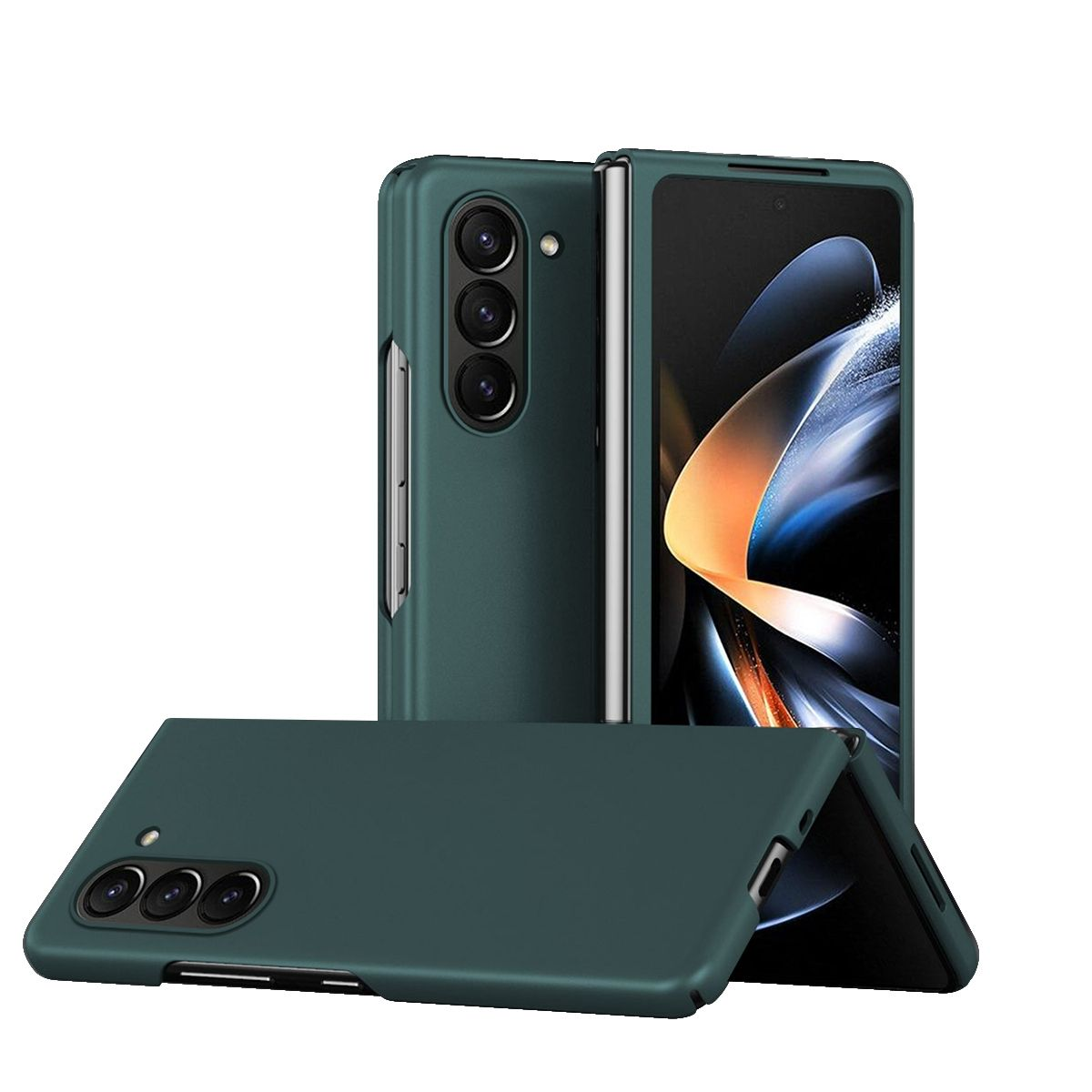 Dunkelgrüne Handyhülle, offen, geschlossen, mit einem Telefon. Die Hülle hat ein mattes Finish und Kameraausschnitte.