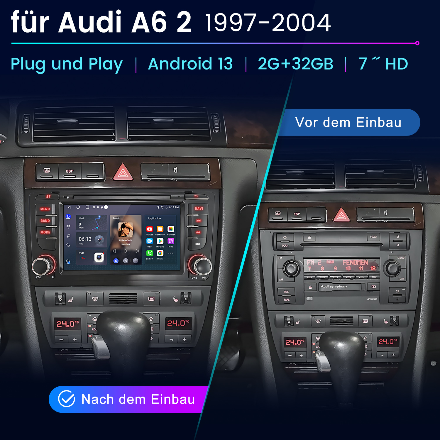 Deska rozdzielcza samochodu przed i po instalacji nowego systemu infotainment.